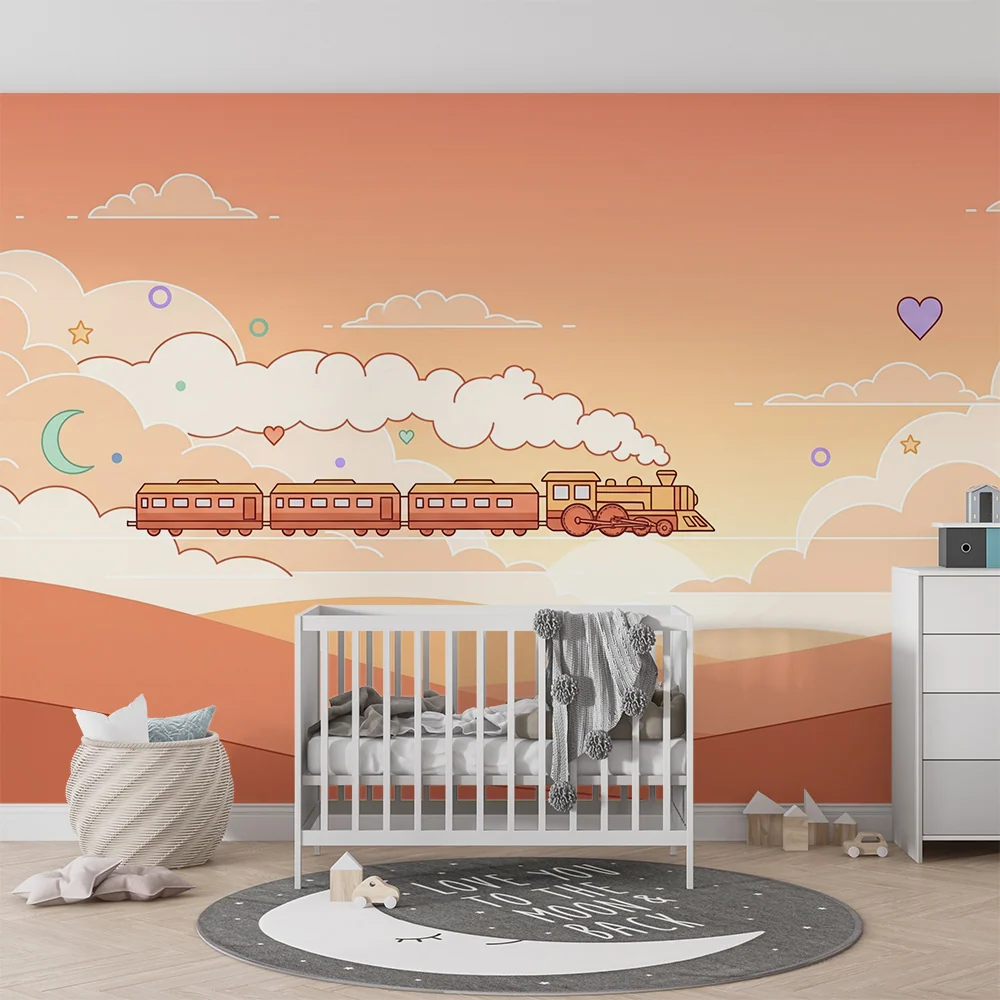 Papel de parede crianç | Comboio colorido num céu pastel com nuvens e estrelas