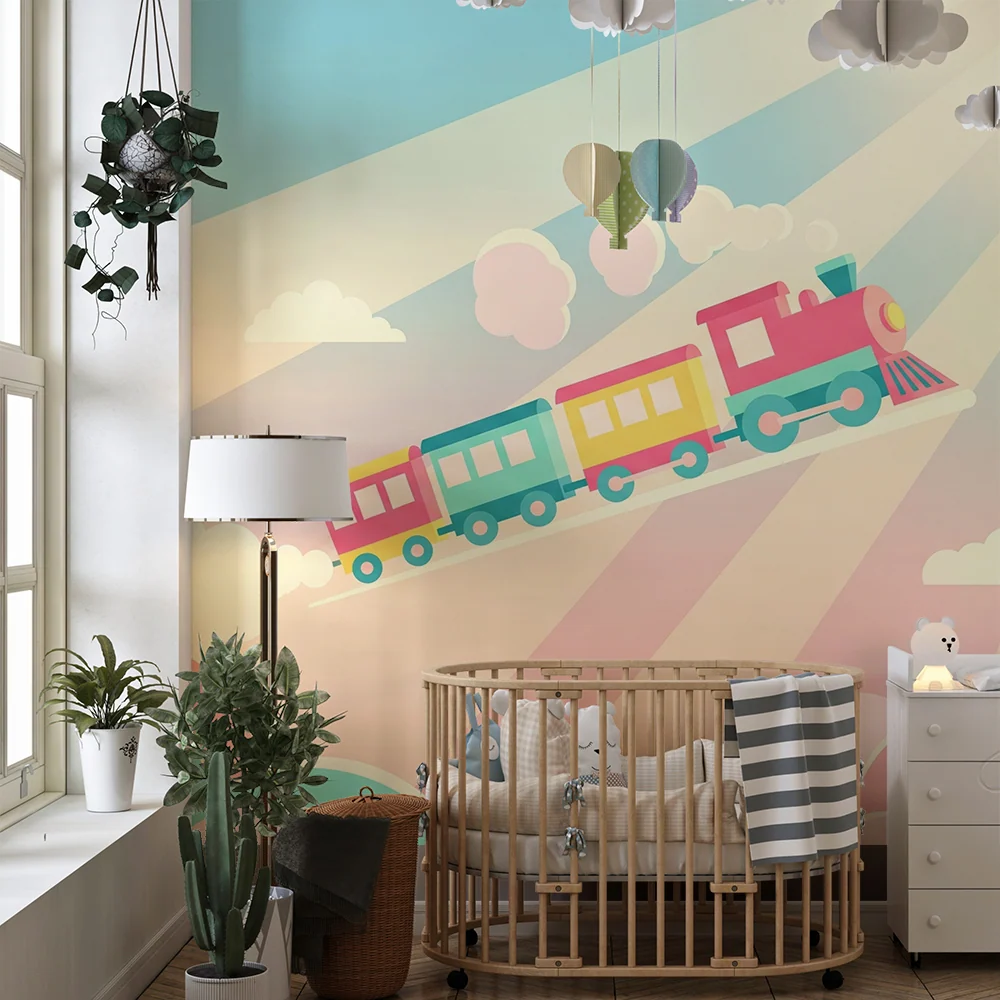 Papel de parede crianç | Comboio colorido num céu pastel com nuvens suaves