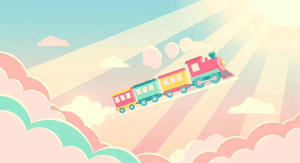 Papel de parede crianç | Comboio colorido num céu pastel com nuvens suaves