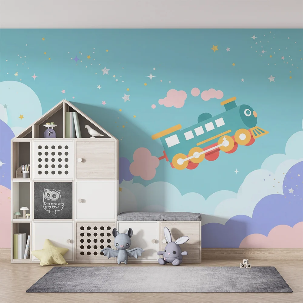 Papel de parede crianç | Comboio colorido num céu estrelado e nuvens suaves