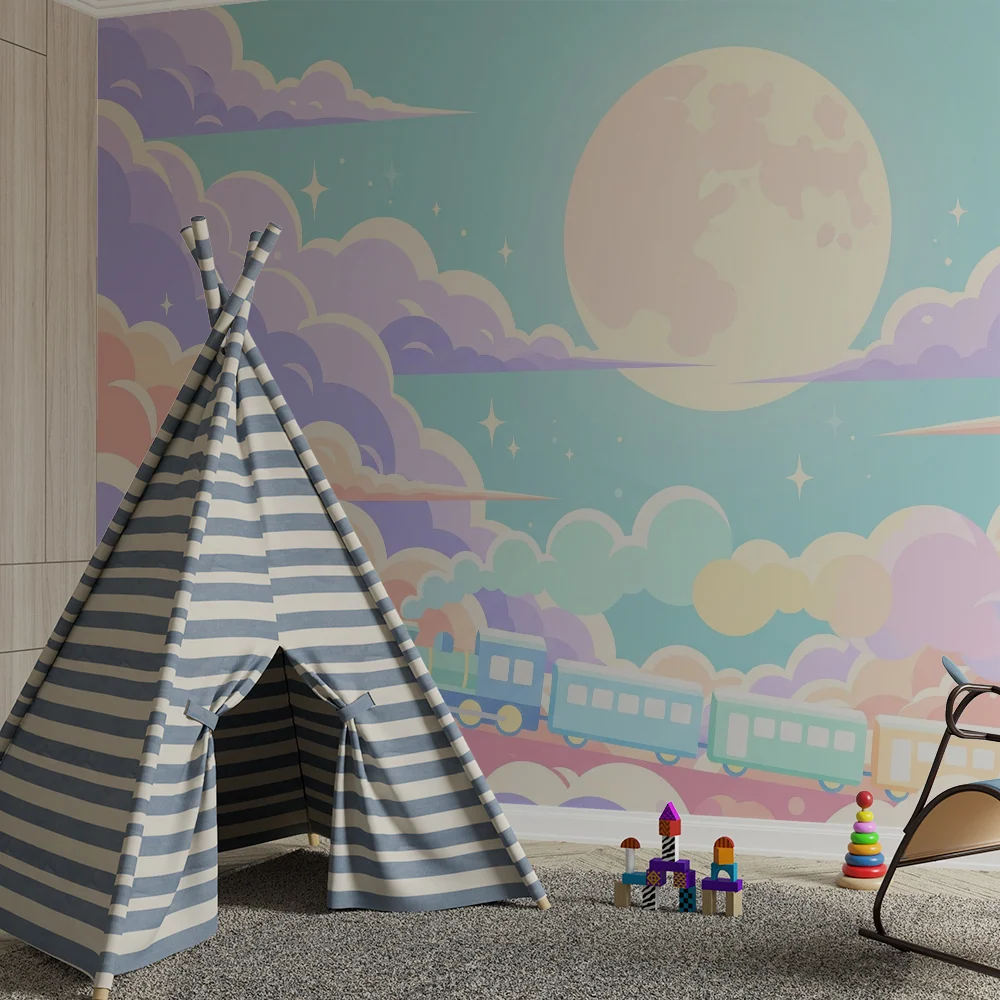 Papel de parede crianç | Comboio colorido viajar através de nuvens pastel sob lua