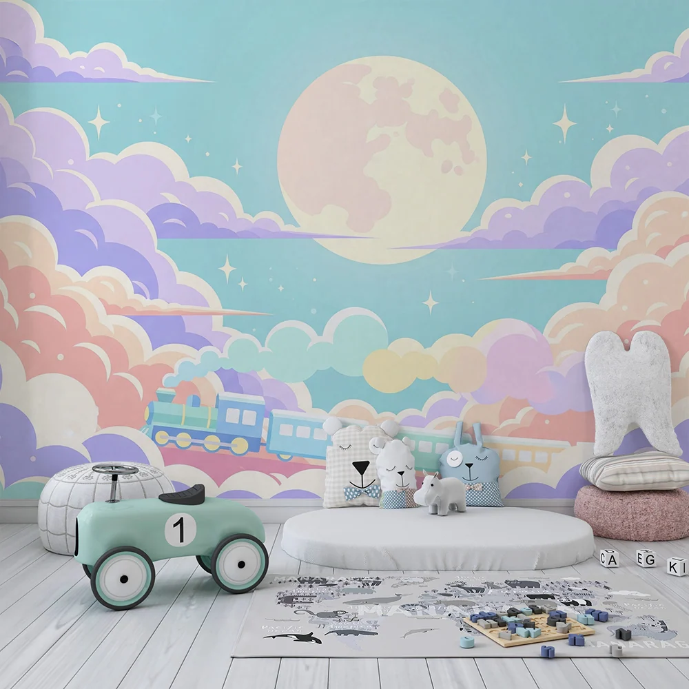 Papel de parede crianç | Comboio colorido viajar através de nuvens pastel sob lua