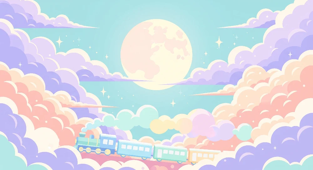 Papel de parede crianç | Comboio colorido viajar através de nuvens pastel sob lua