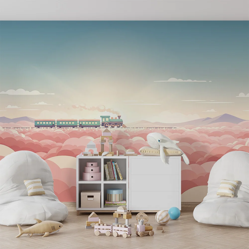 Papel de parede crianç | Comboio colorido viajar através de nuvens cor-de-rosa