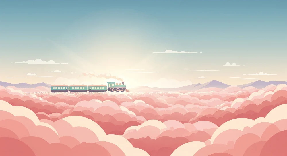 Papel de parede crianç | Comboio colorido viajar através de nuvens cor-de-rosa