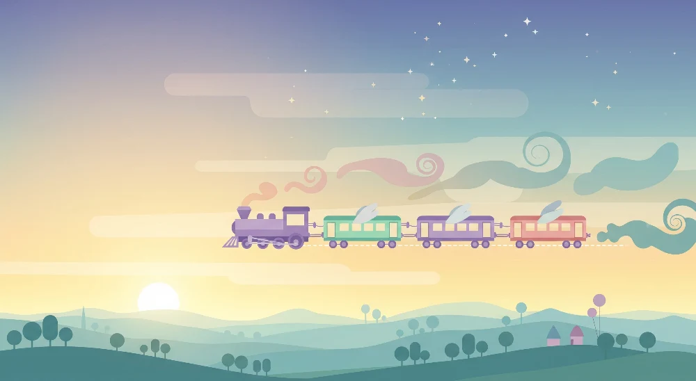 Papel de parede crianç | Comboio colorido voar ao pôr do sol