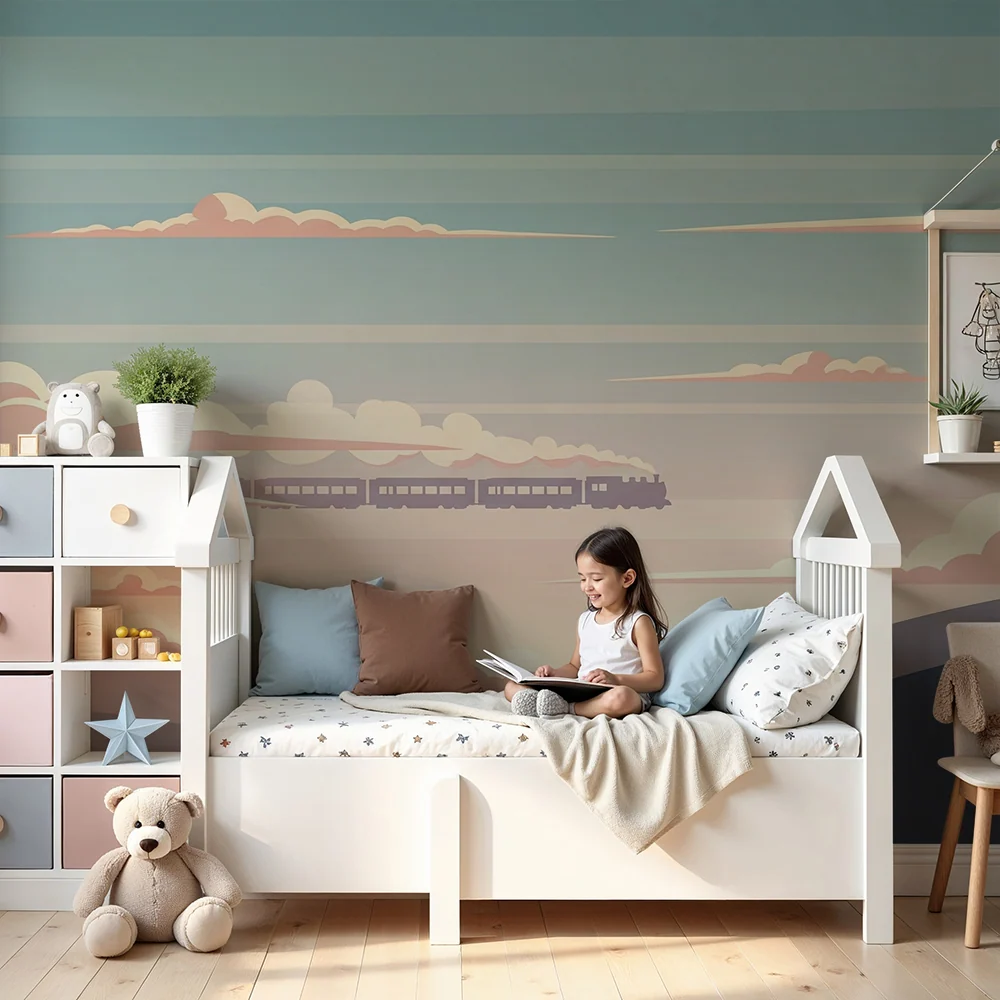Papel de parede crianç | Comboio vapor atravessar colinas sob um céu pastel