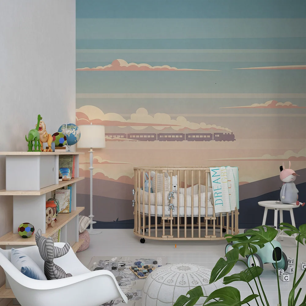 Papel de parede crianç | Comboio vapor atravessar colinas sob um céu pastel