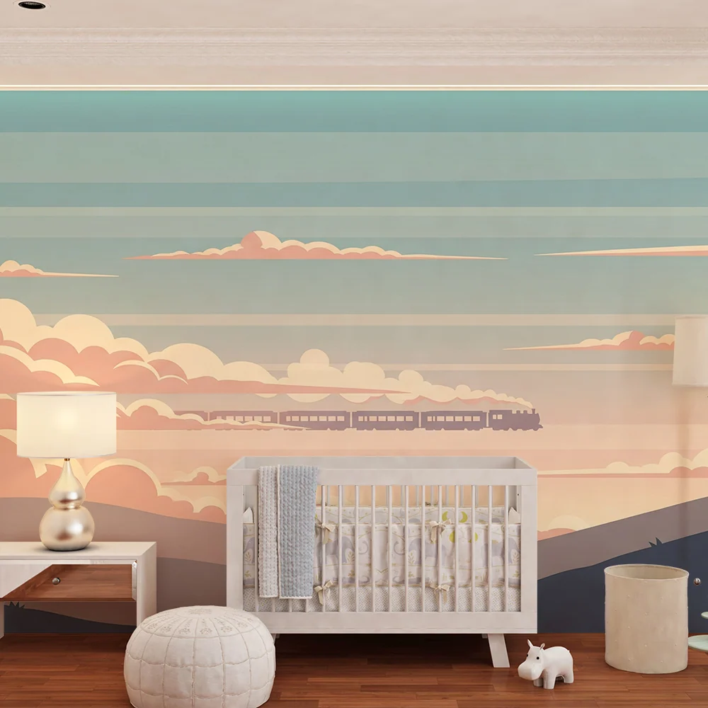 Papel de parede crianç | Comboio vapor atravessar colinas sob um céu pastel