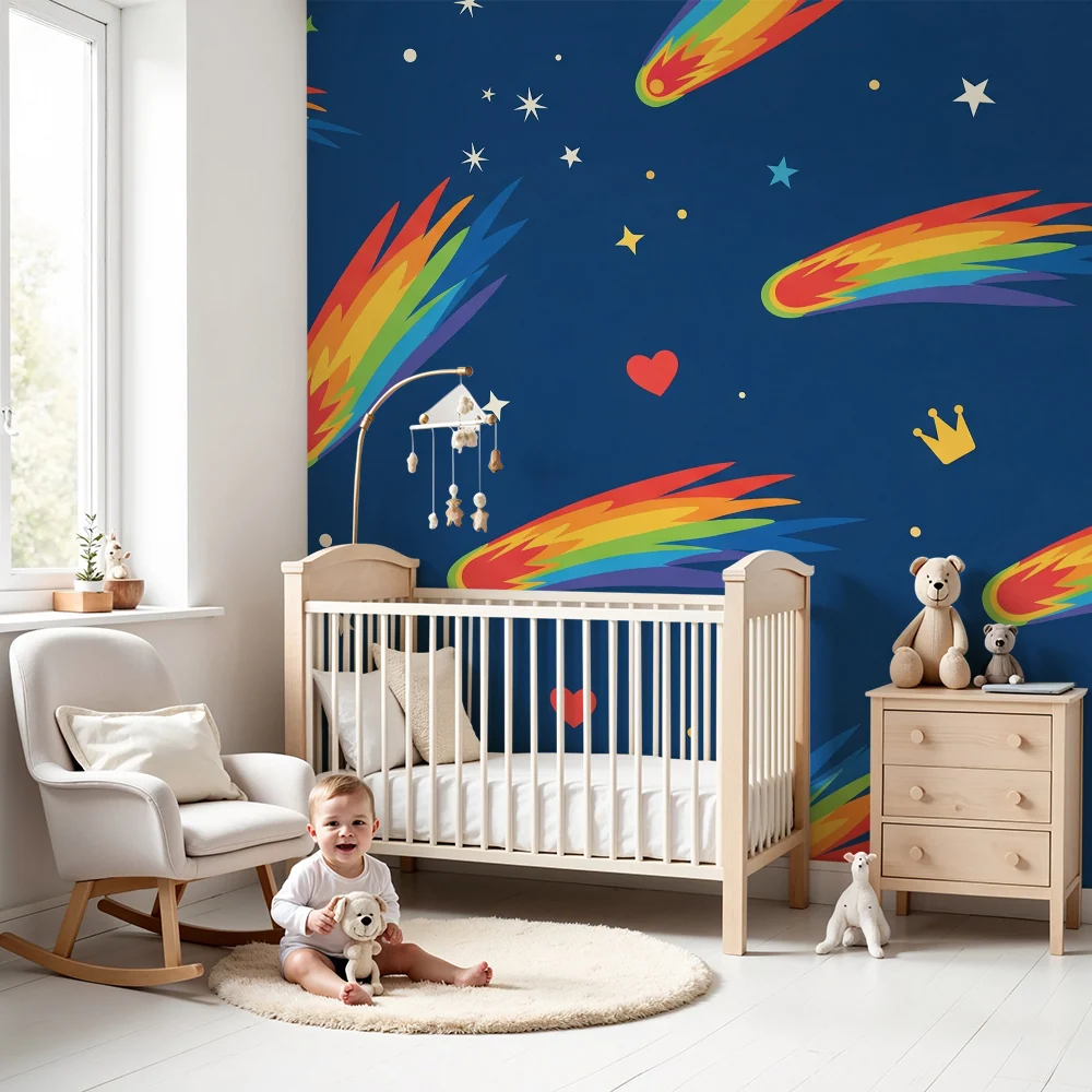 Papel de parede crianç | Cometas coloridos e estrelas em fundo azul noite