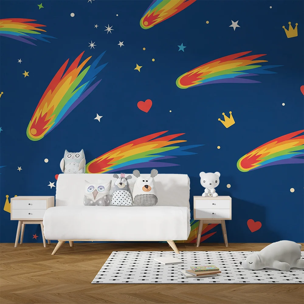 Papel de parede crianç | Cometas coloridos e estrelas em fundo azul noite