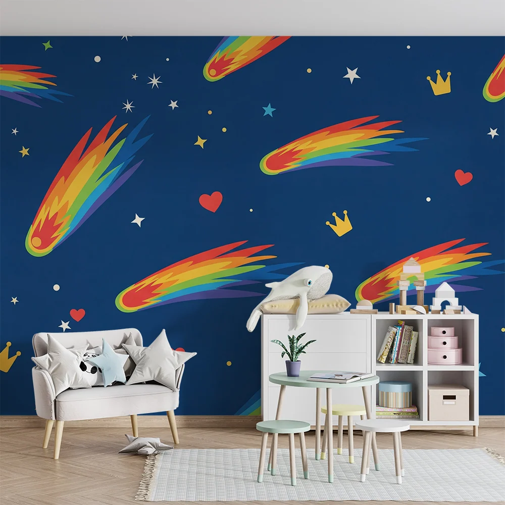 Papel de parede crianç | Cometas coloridos e estrelas em fundo azul noite