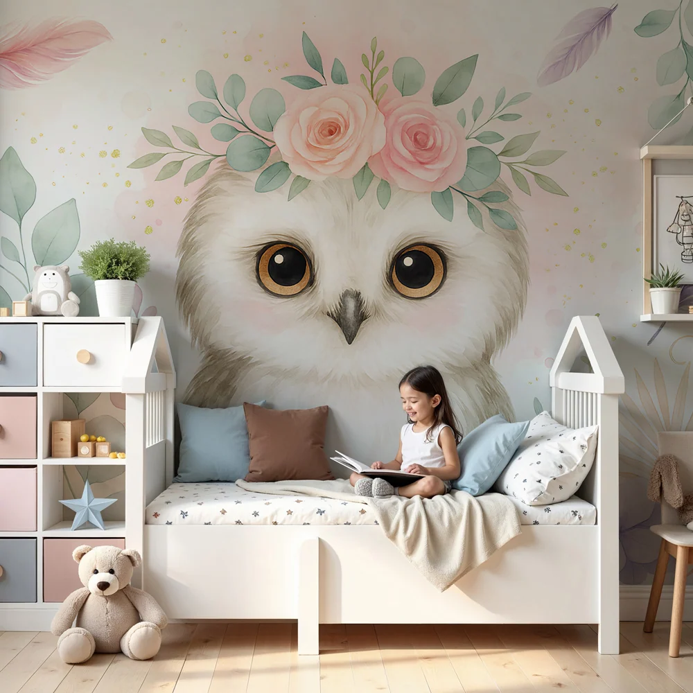 Papel de parede crianç | Coruja com flores e folhas