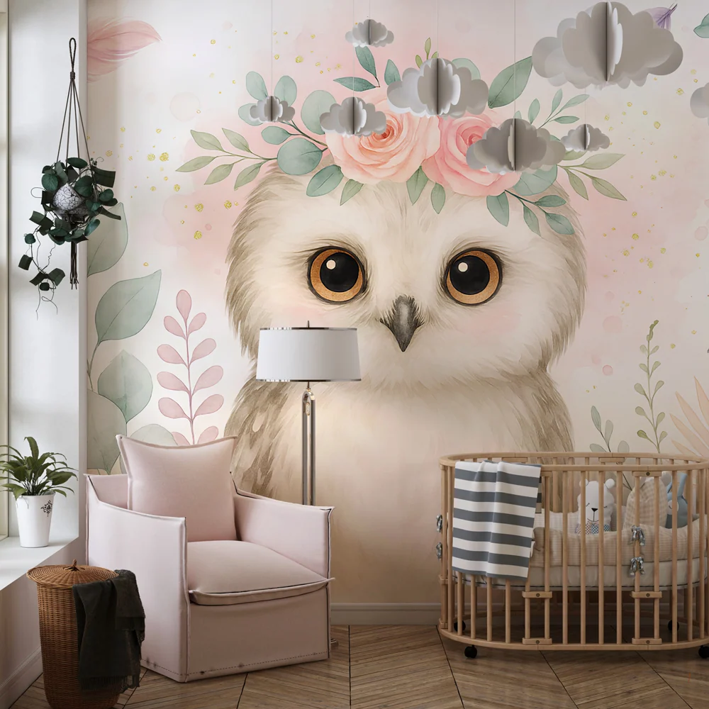 Papel de parede crianç | Coruja com flores e folhas