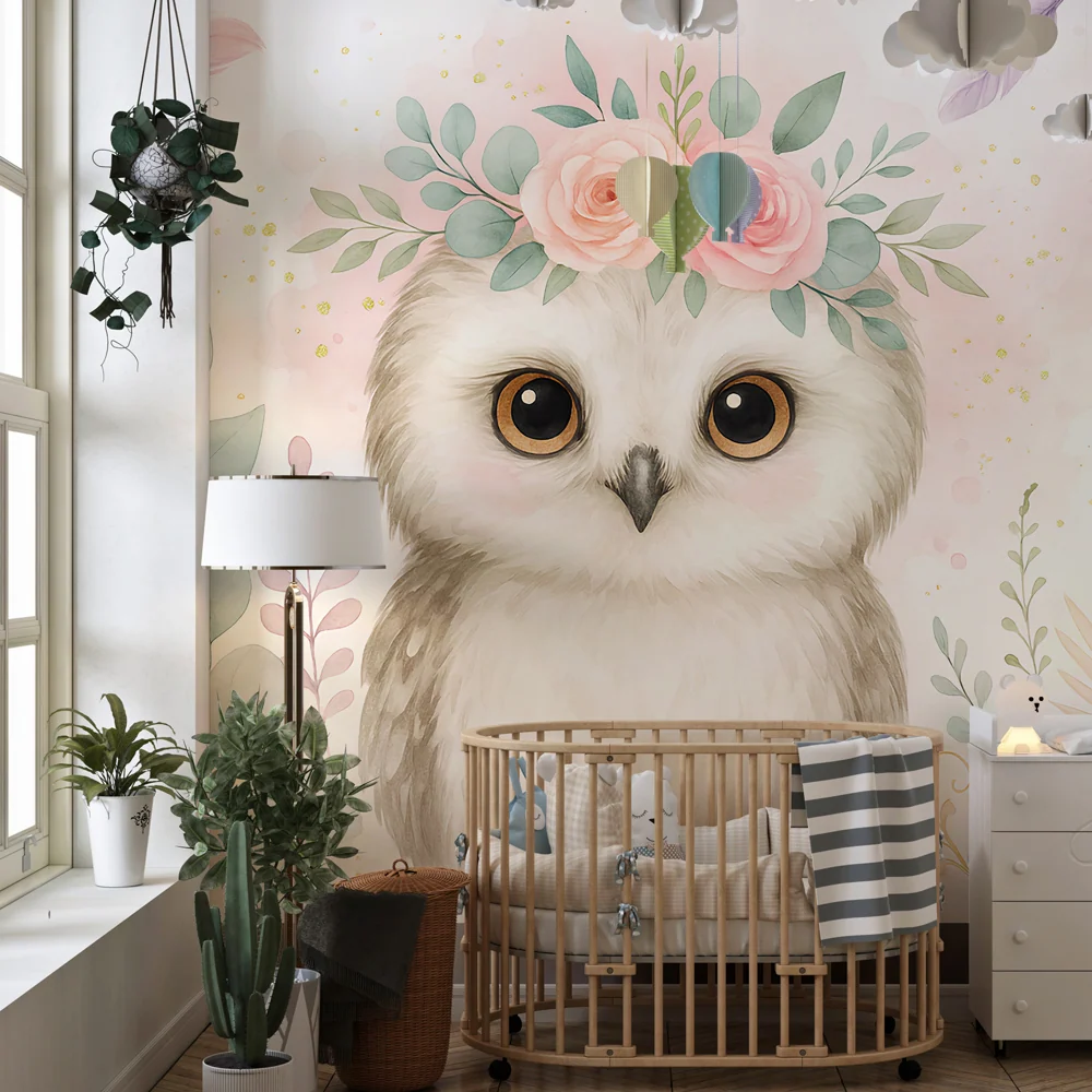 Papel de parede crianç | Coruja com flores e folhas