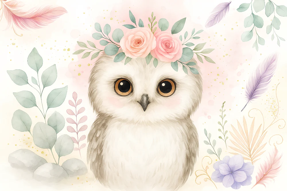 Papel de parede crianç | Coruja com flores e folhas