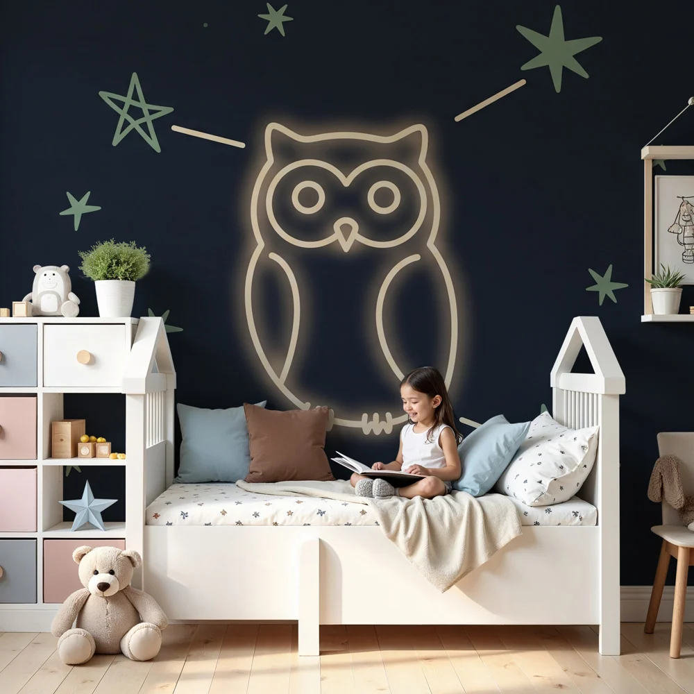 Papel de parede crianç | Coruja luminosa e estrelas