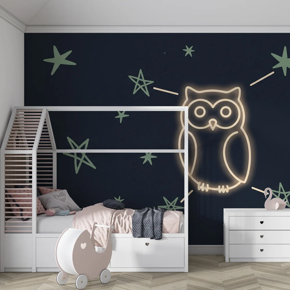 Papel de parede crianç | Coruja luminosa e estrelas