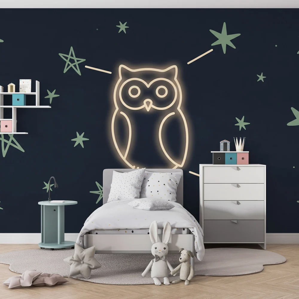 Papel de parede crianç | Coruja luminosa e estrelas