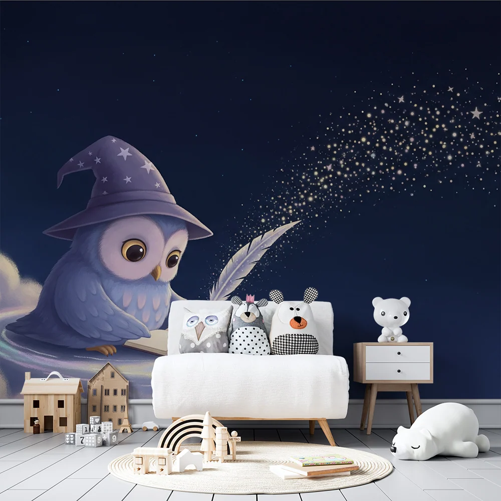 Papel de parede crianç | Coruja mágica escrevendo sob as estrelas