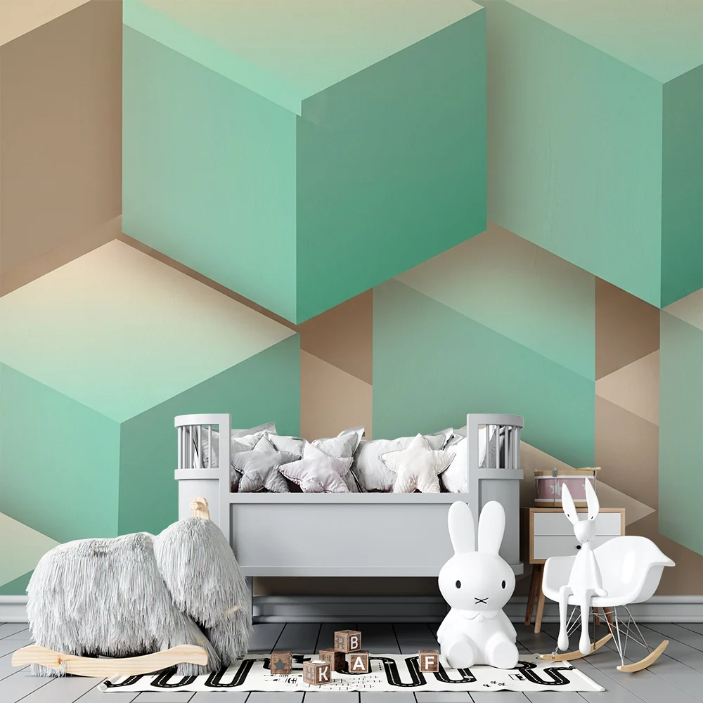 Papel de parede crianç | Cubos geométricos em menta e bege
