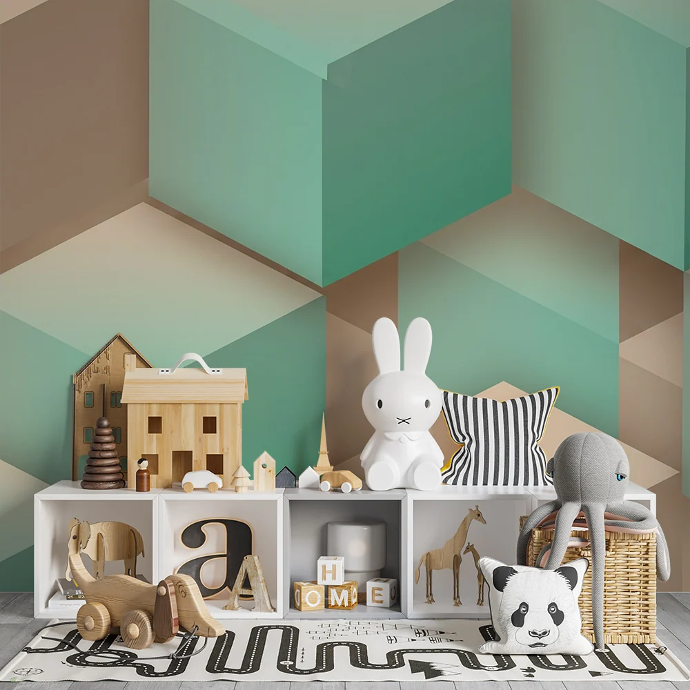 Papel de parede crianç | Cubos geométricos em menta e bege