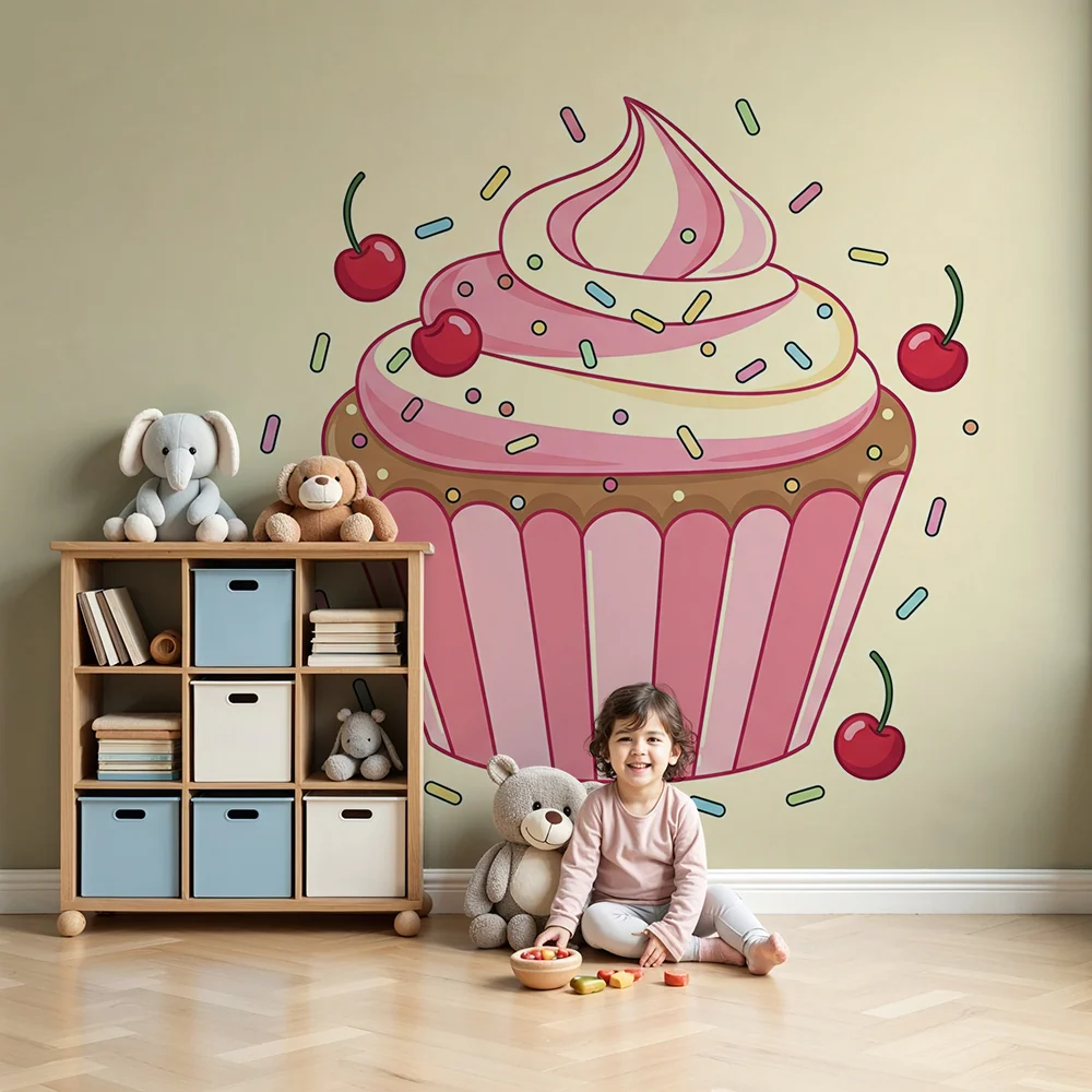 Papel de parede crianç | Cupcake colorido com cerejas e purpurina