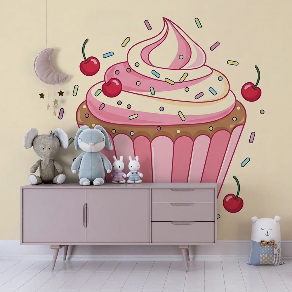 Papel de parede crianç | Cupcake colorido com cerejas e purpurina