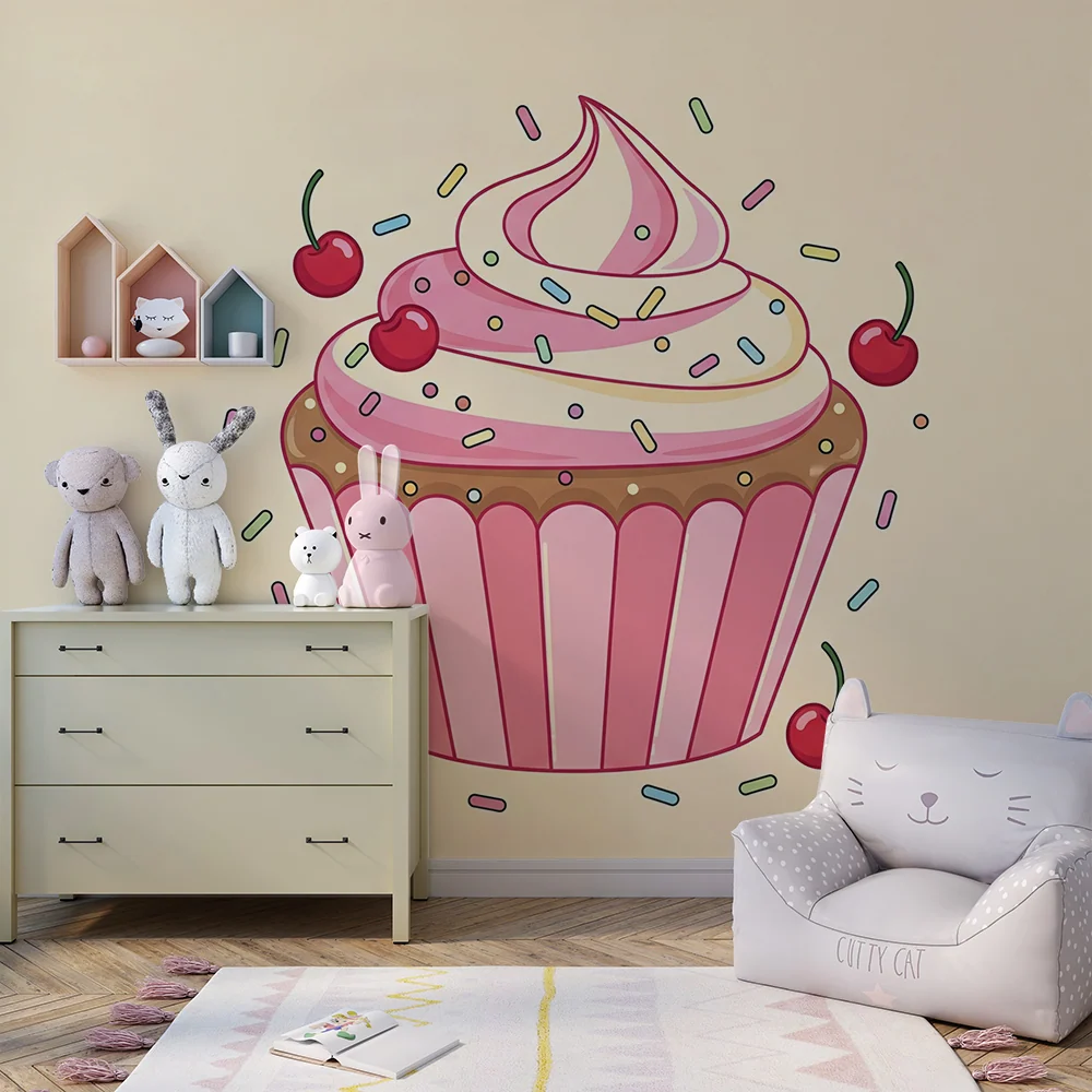 Papel de parede crianç | Cupcake colorido com cerejas e purpurina