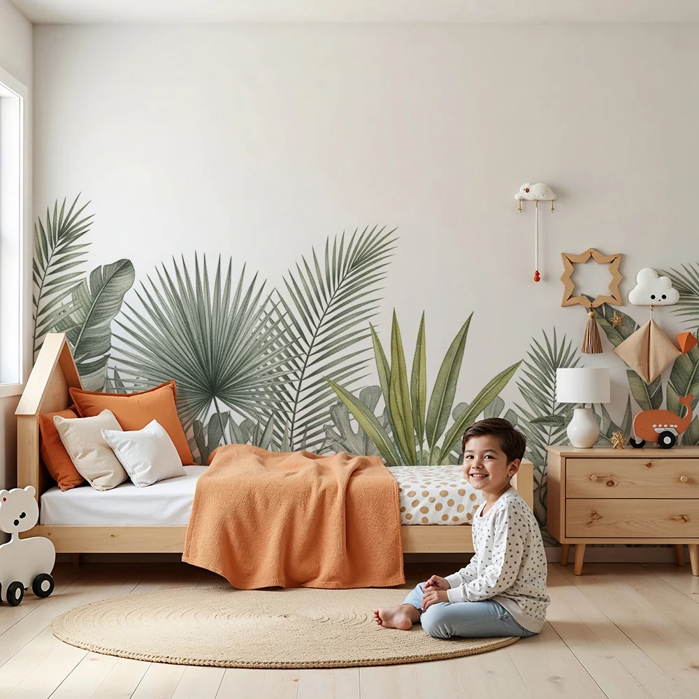 Papel de parede crianç | Delicada folhagem tropical em tons de verde