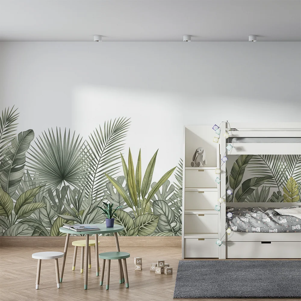 Papel de parede crianç | Delicada folhagem tropical em tons de verde