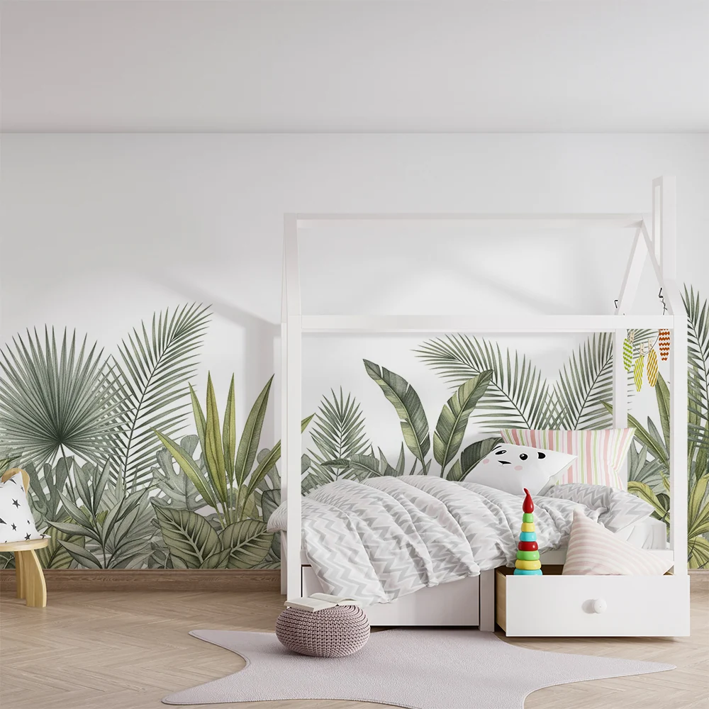 Papel de parede crianç | Delicada folhagem tropical em tons de verde