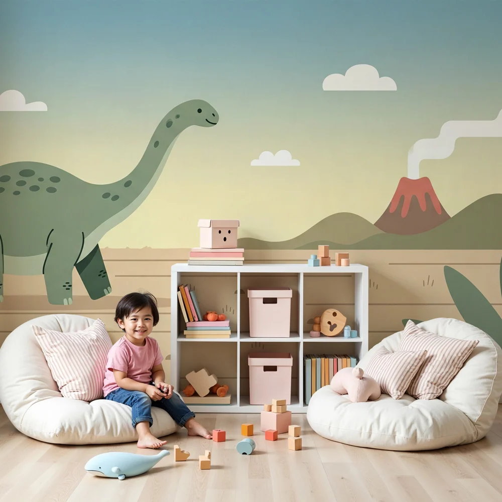 Papel de parede crianç | Dinossauro feliz e vulcão
