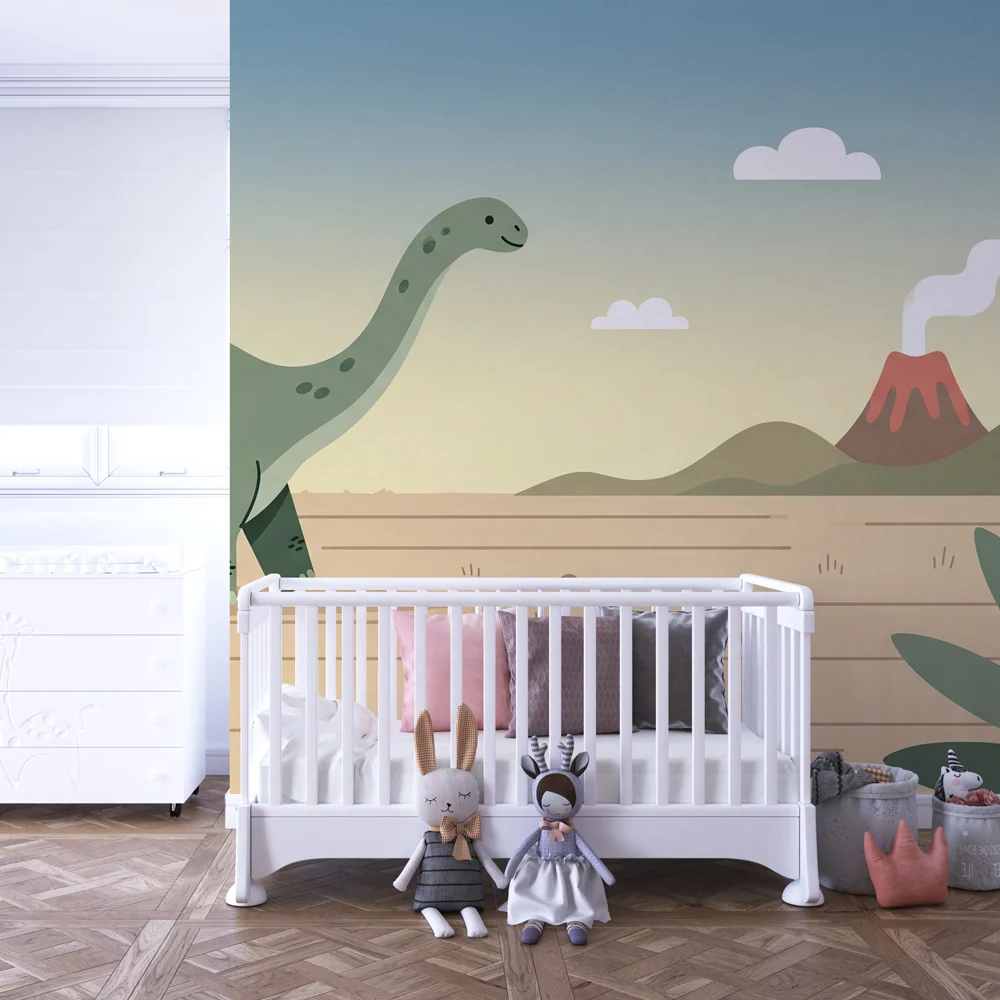 Papel de parede crianç | Dinossauro feliz e vulcão