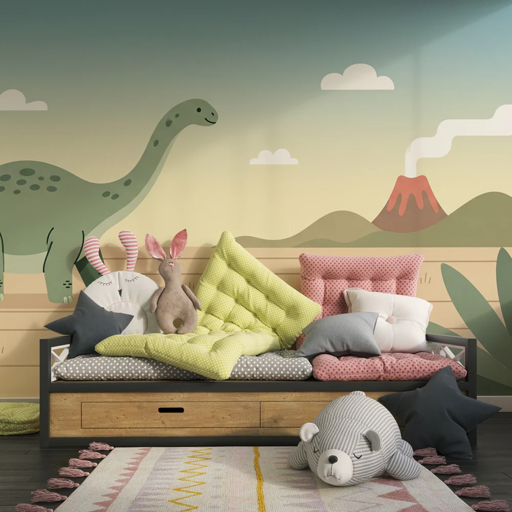 Papel de parede crianç | Dinossauro feliz e vulcão