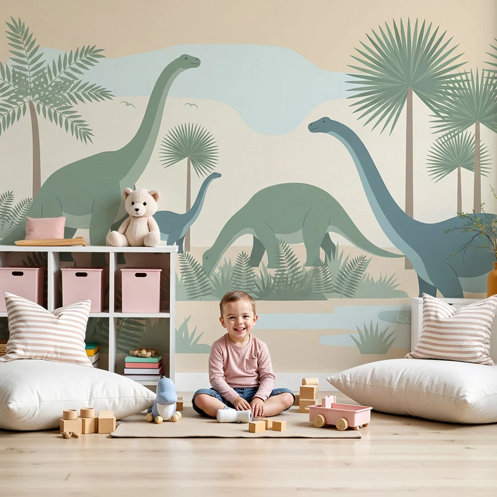Papel de parede crianç | Dinossauro majestoso num cenário pré-histórico