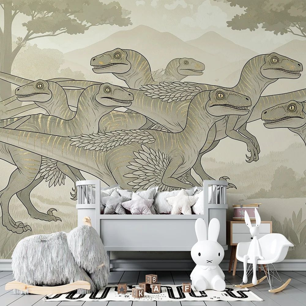 Papel de parede crianç | Dinossauro raptor num cenário pré-histórico