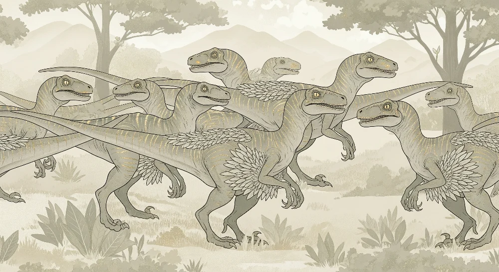 Papel de parede crianç | Dinossauro raptor num cenário pré-histórico
