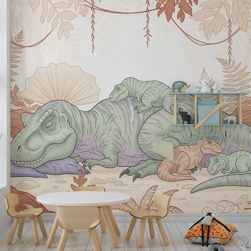 Papel de parede crianç | Dinossauros adormecidos num cenário pré-histórico tranquilo