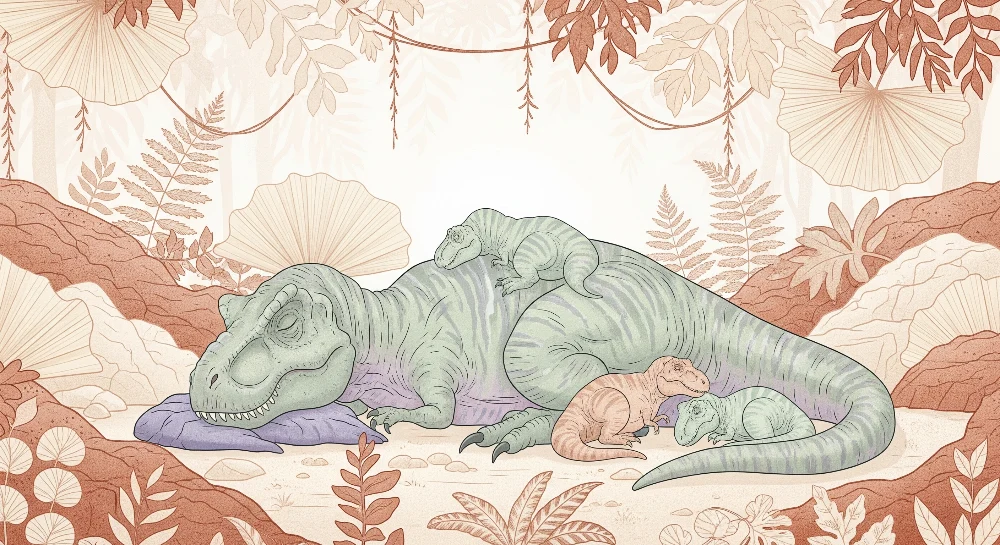 Papel de parede crianç | Dinossauros adormecidos num cenário pré-histórico tranquilo