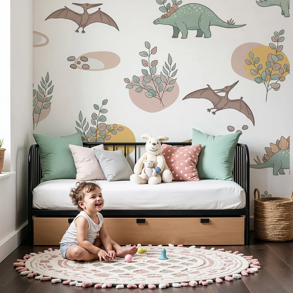 Papel de parede crianç | Dinossauros coloridos e folhagem suave em fundo claro