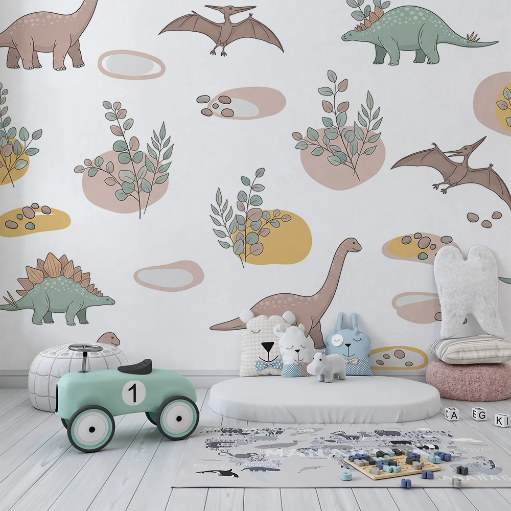 Papel de parede crianç | Dinossauros coloridos e folhagem suave em fundo claro