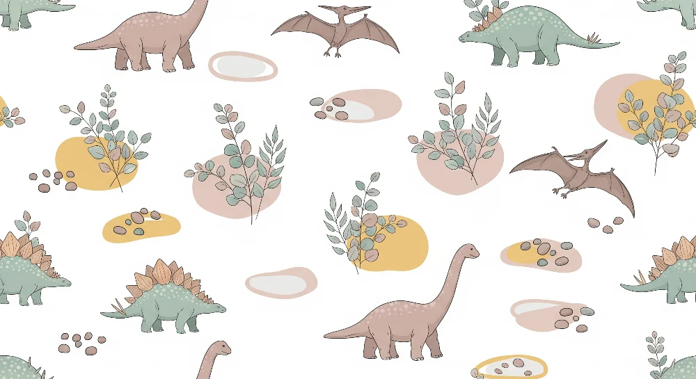 Papel de parede crianç | Dinossauros coloridos e folhagem suave em fundo claro