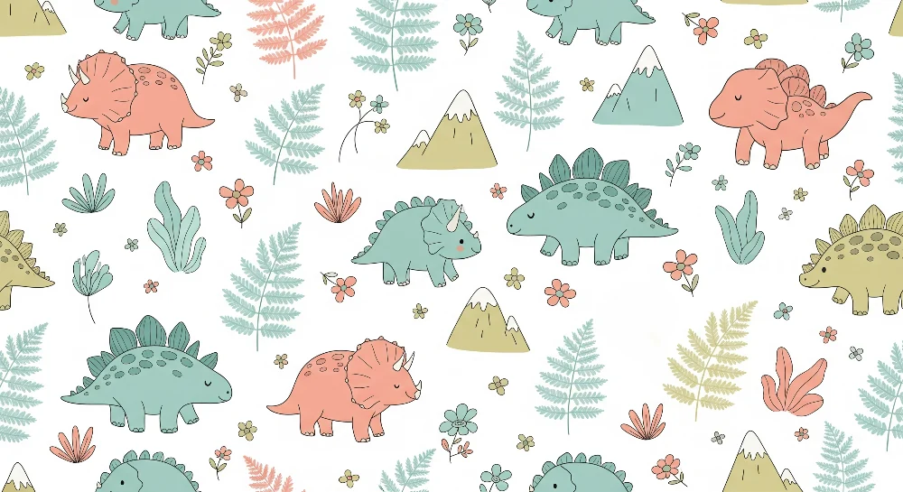 Papel de parede crianç | Dinossauros coloridos e vegetação lúdica