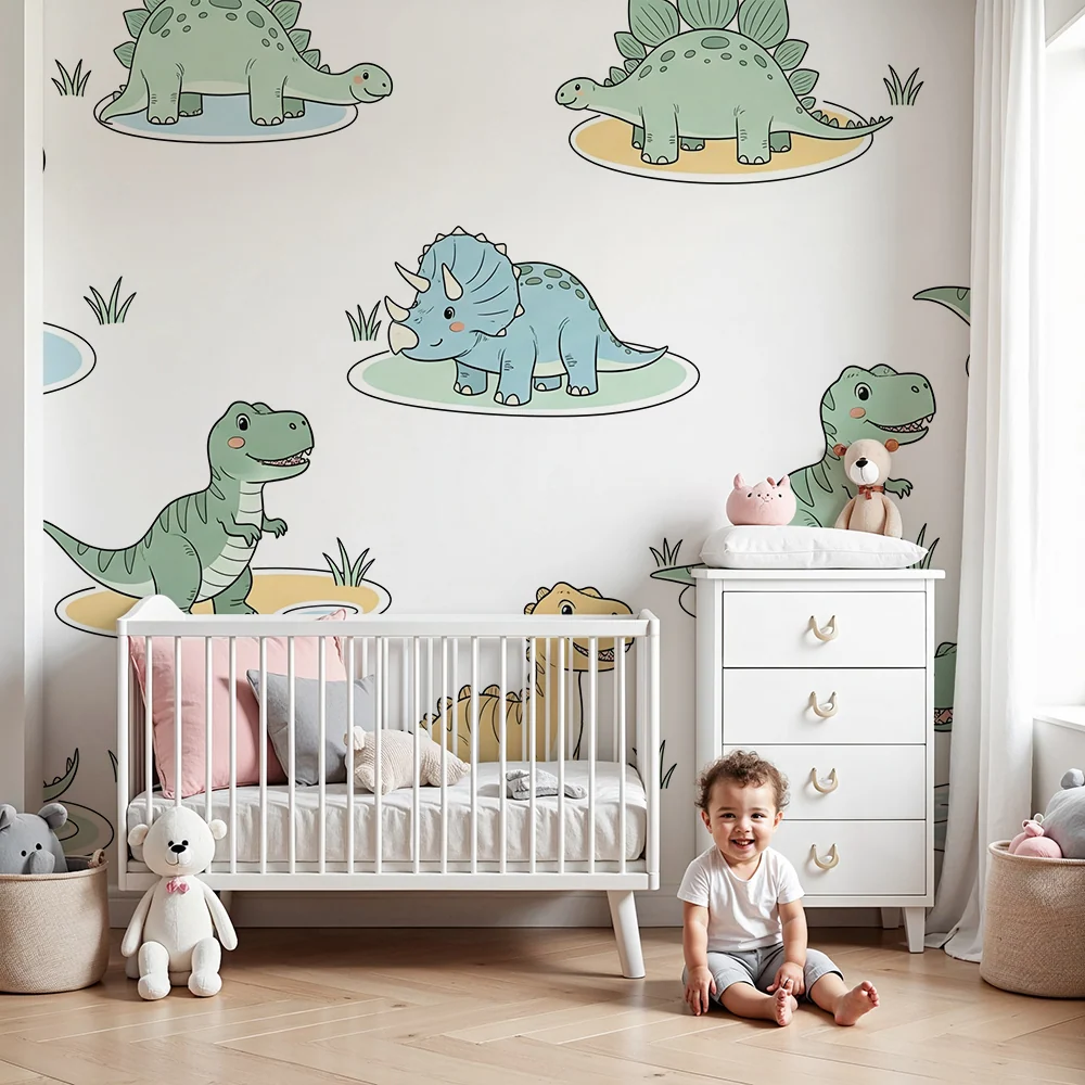 Papel de parede crianç | Dinossauros divertidos num ambiente lúdico
