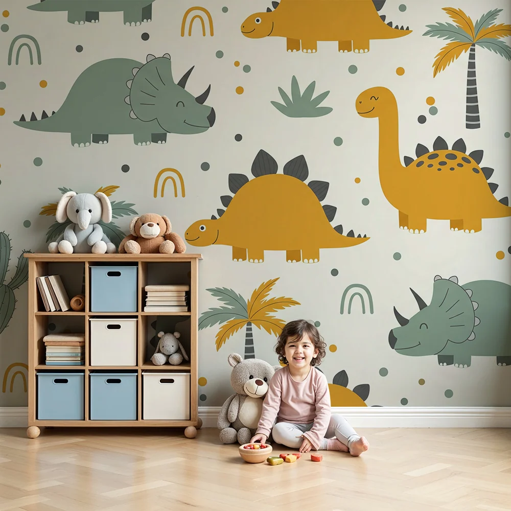Papel de parede crianç | Dinossauros felizes num ambiente colorido e lúdico