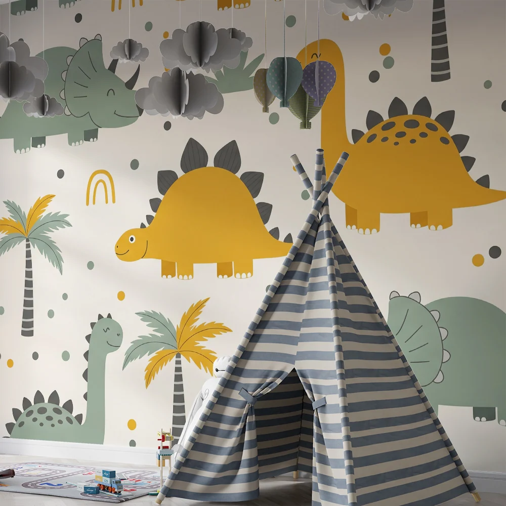 Papel de parede crianç | Dinossauros felizes num ambiente colorido e lúdico