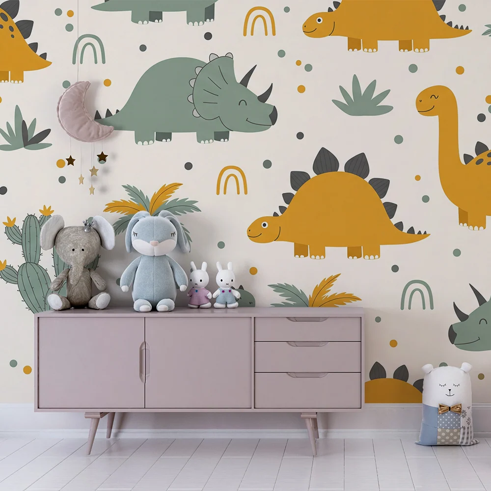 Papel de parede crianç | Dinossauros felizes num ambiente colorido e lúdico