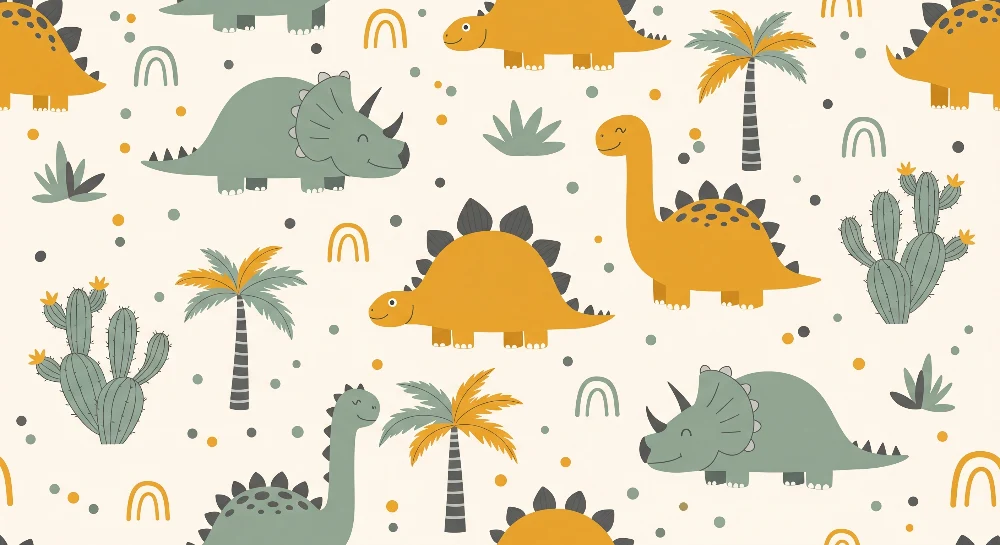 Papel de parede crianç | Dinossauros felizes num ambiente colorido e lúdico
