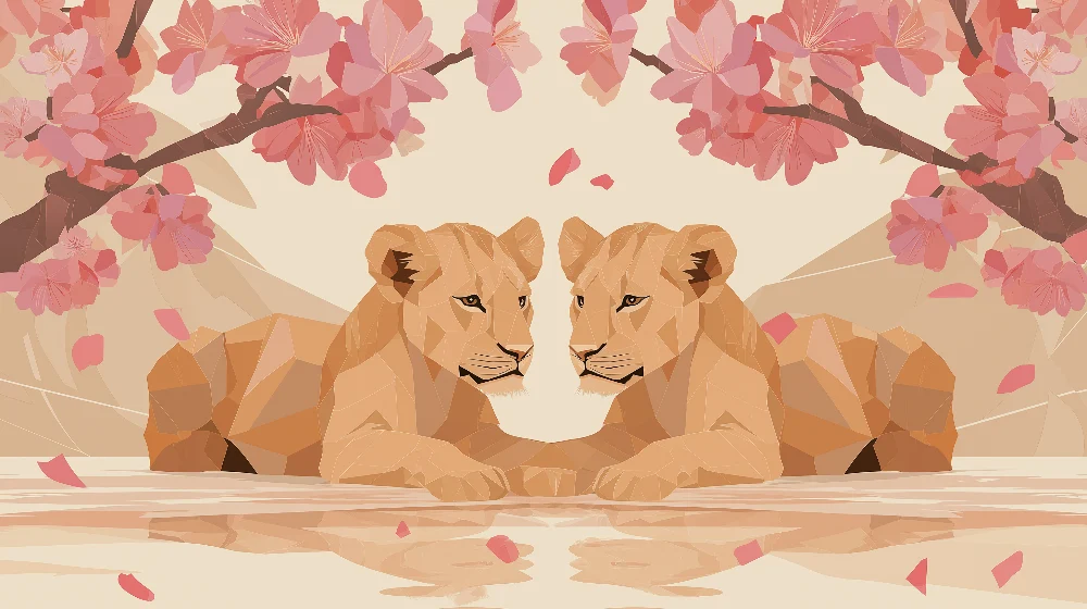 Papel de parede crianç | Dois leões majestosos sob as cerejeiras em flor